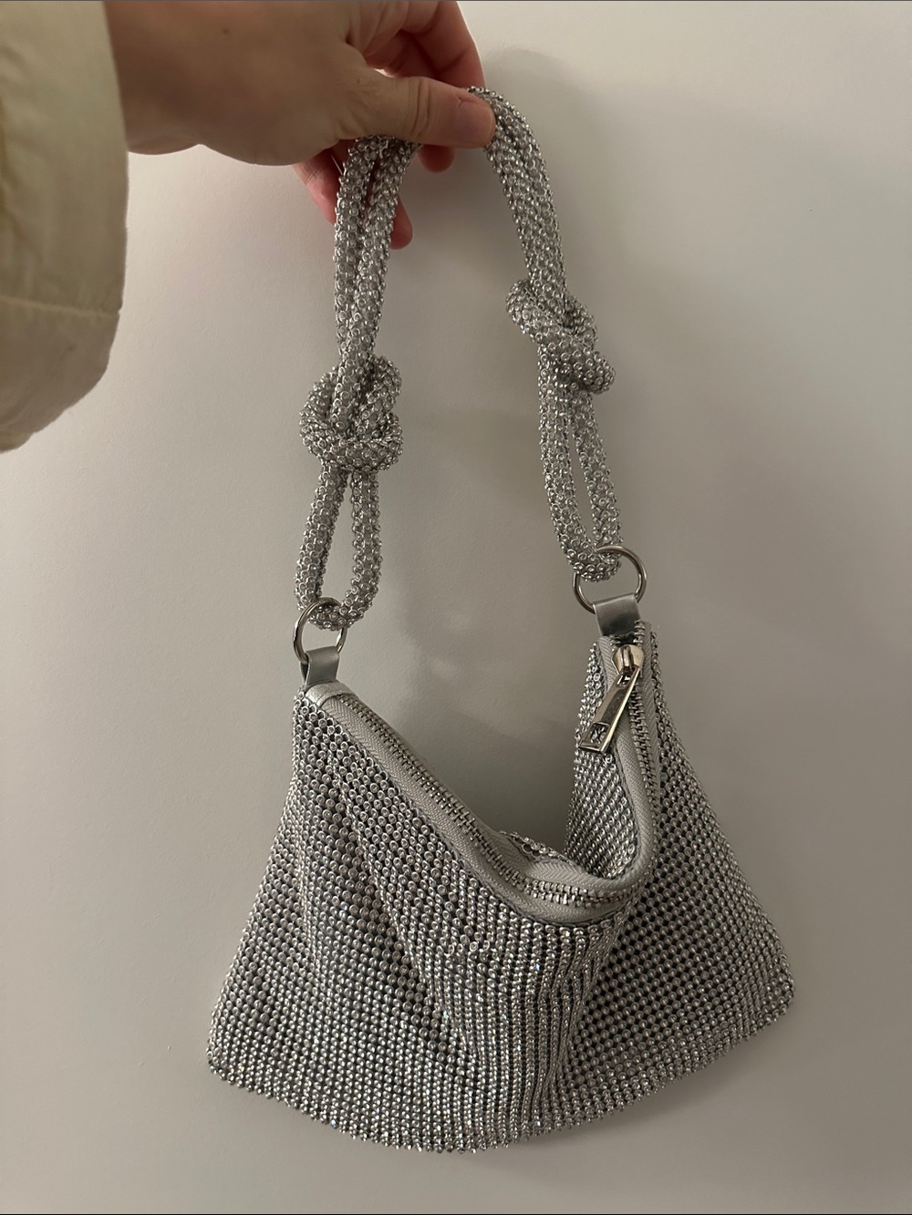Silver Beaded Shoulder Bag with Knot Handle